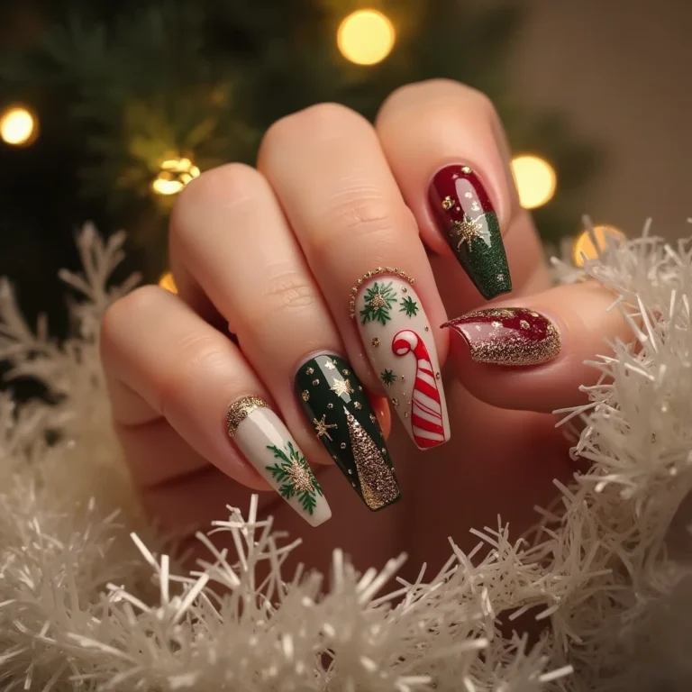 Festive Christmas nail design ideas for 2024 featuring red, green, and gold colors with glitter, snowflakes, and holiday patterns.