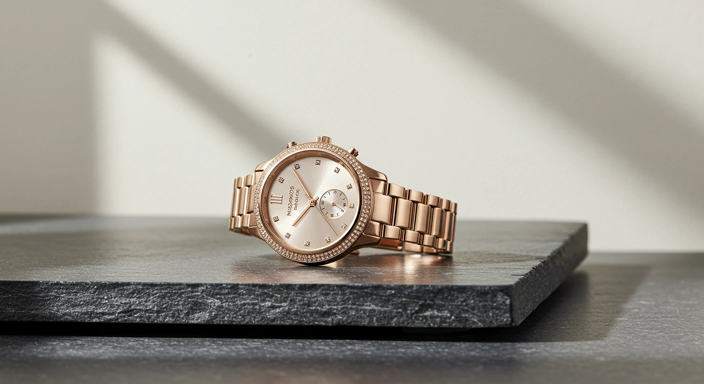 A close-up of the Michael Kors watch women love, showcasing its elegant stainless steel bracelet, crystal embellishments, and sleek dial design.